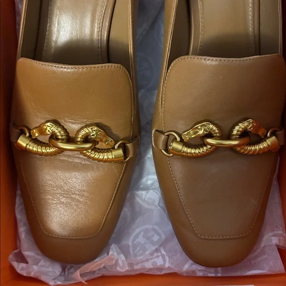 TORY BURCH WOMENS JESSA 55MM PUMP LOAFER HEEL CALF LEATHER 9 DEEP VICUNA CAMEL - Picture 3 of 8